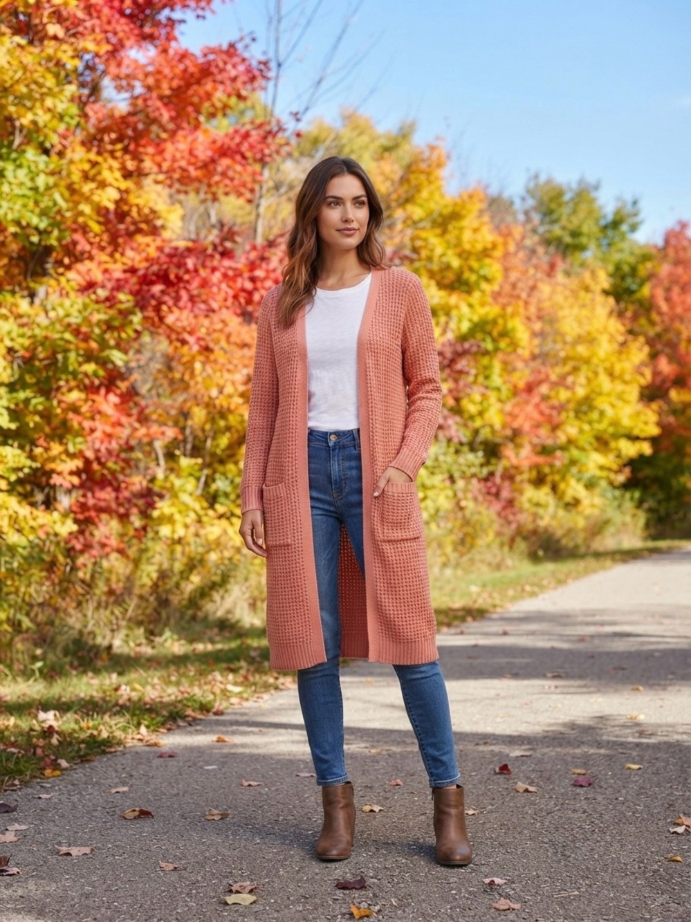 Stylish Long Open-Front Cardigan - Dusty Rose